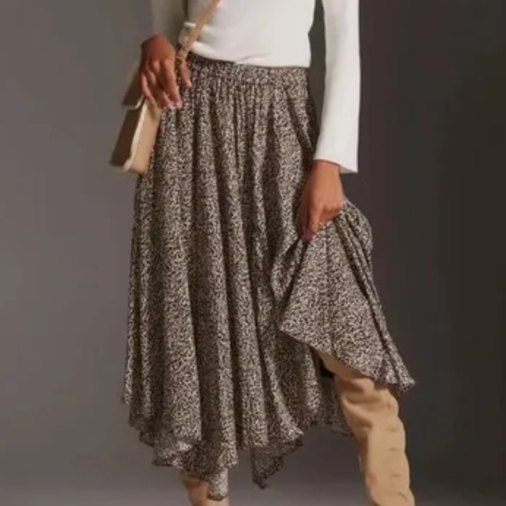 Anthropologie S Printed Pockets Handkerchief Hem Pull On Sleek A-Line Midi Skirt